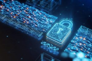 Digital data security padlock als Metapher für den Artikel "Wenn Digitalisierung und Innovation auf Datenschutz trifft"
