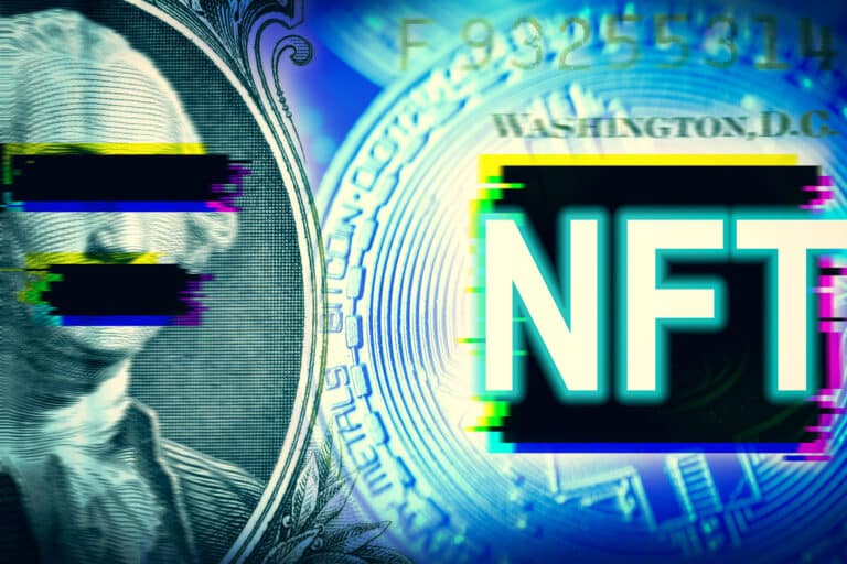 NFT word on dollar bill and bitcoin coin background with futuristic glitch effect.