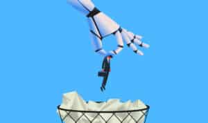 Großer Roboter der Mann in Papierkorb wirft als Metapher für "Wird uns KI am Arbeitsplatz ersetzen?"