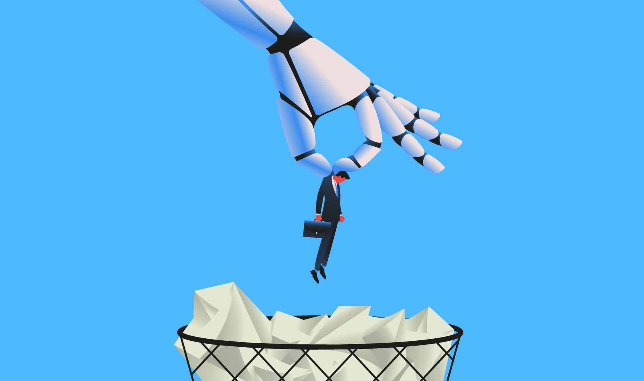 Großer Roboter der Mann in Papierkorb wirft als Metapher für "Wird uns KI am Arbeitsplatz ersetzen?"