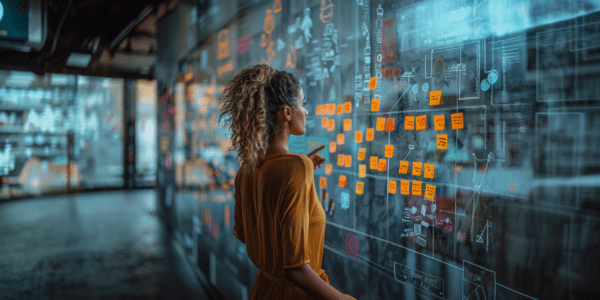 Frau blickt auf agile Matrix als Metapher für Agilität in der modernen Unternehmenswelt