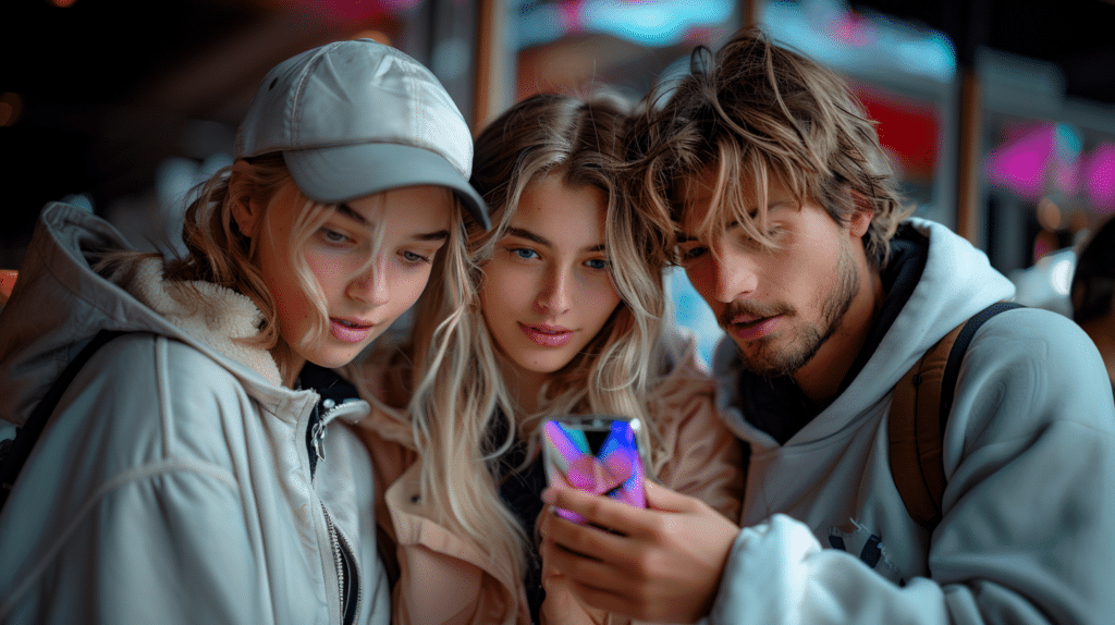 Generation Z Trio, das aufs Smartphone blickt
