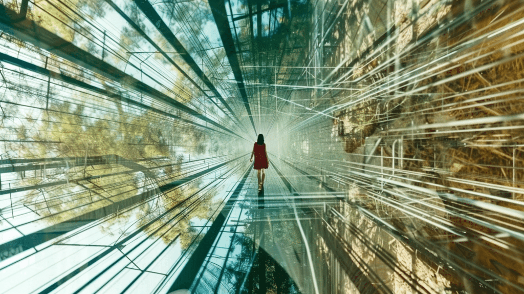 Frau im abstrakten Nachhaltigkeitstunnel als Metapher für ESG im Banking
