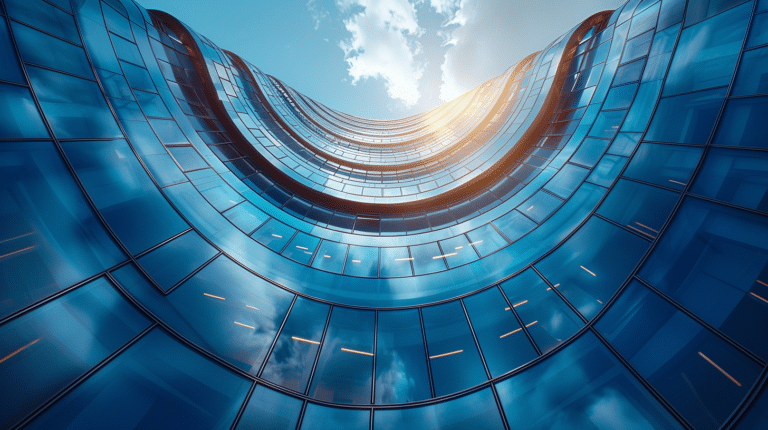 Blick in den Himmel entlang eines futuristischen Gebäudes als Sinnbild für die Immobilienanlagen der Zukunft