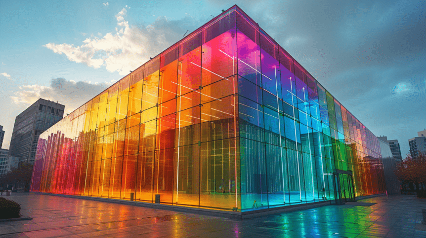 Bürogebäude in Regenbogenfarben