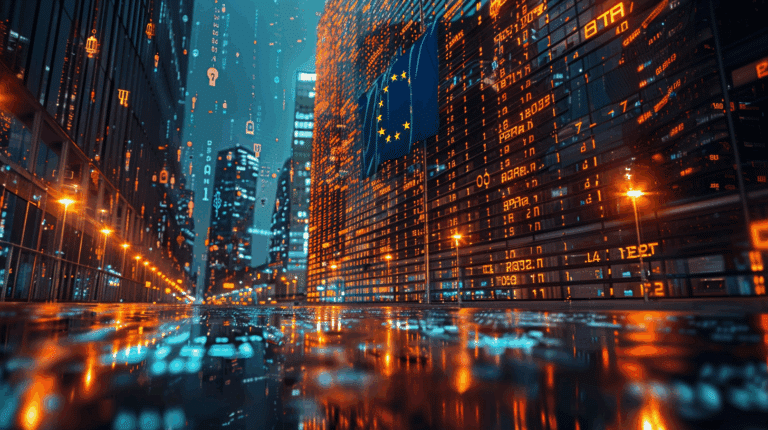 EU-Flagge an einem Gebäude mit abstrakten Steuerungziffern als Sinnbild für EU-AML im Umbruch: