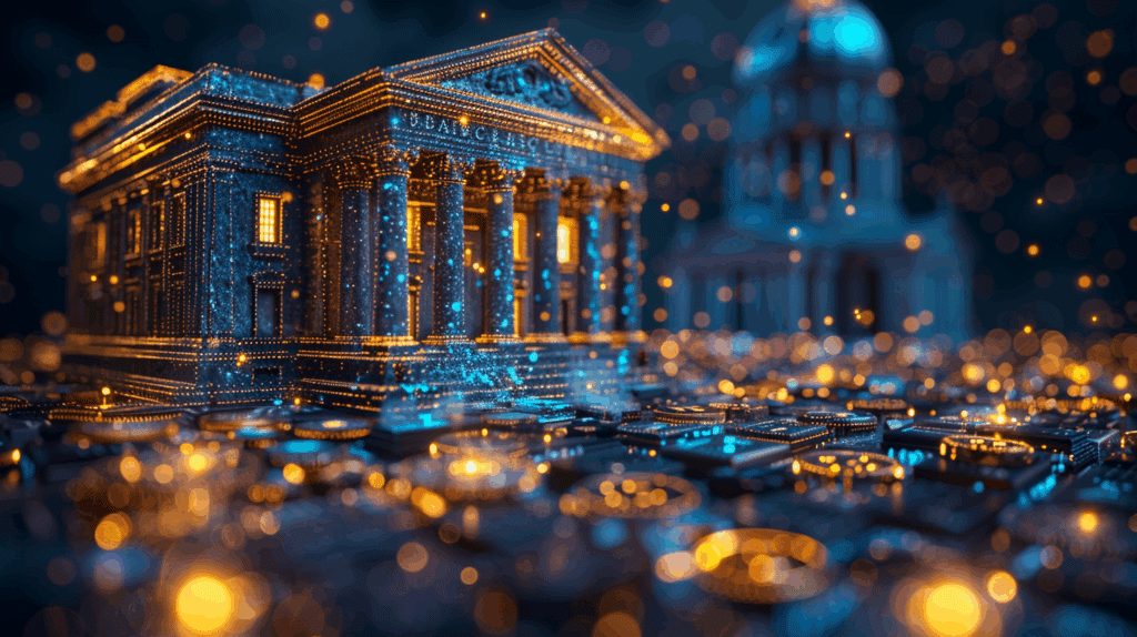 Abstraktes Bankgebäude in Daten als Sinnbild für Kryptoregulierung unter CRR III