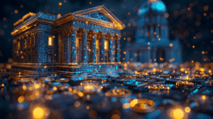Abstraktes Bankgebäude in Daten als Sinnbild für Kryptoregulierung unter CRR III