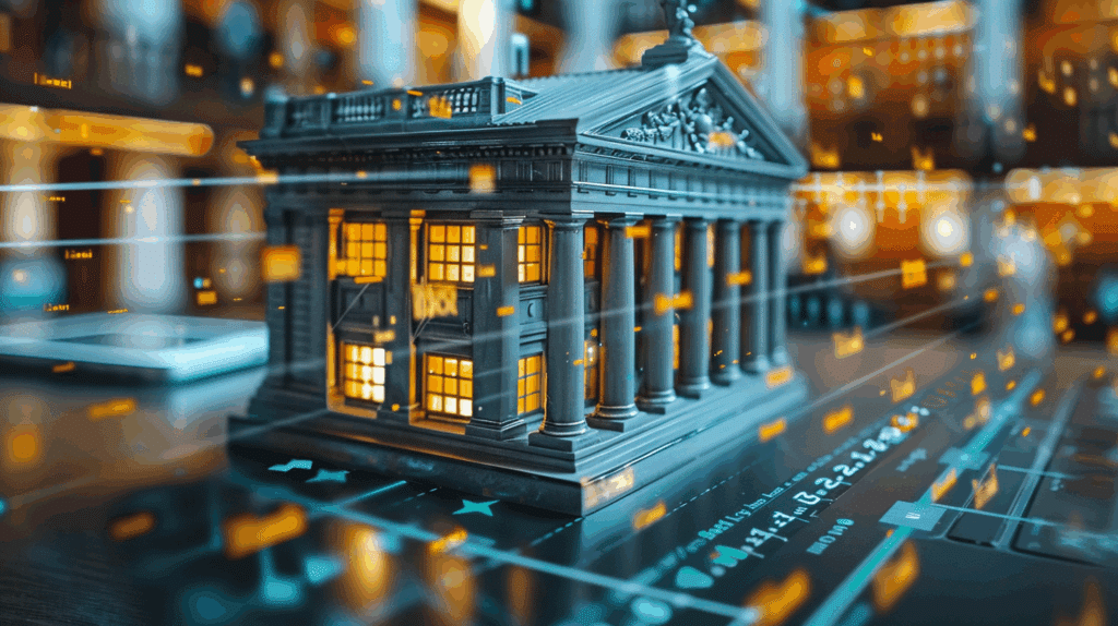 Bank im Datenstrom als Sinnbild für regulatorische Entlastung für Kleinbanken