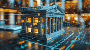 Bank im Datenstrom als Sinnbild für regulatorische Entlastung für Kleinbanken