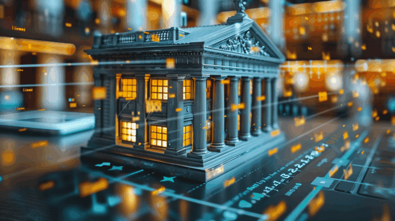 Bank im Datenstrom als Sinnbild für regulatorische Entlastung für Kleinbanken