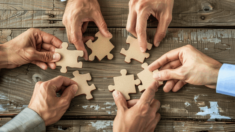 Puzzleteile in den Händen von Menschen als Sinnbild für Fusionen scheitern oftmals nicht an Zahlen, sondern an Menschen