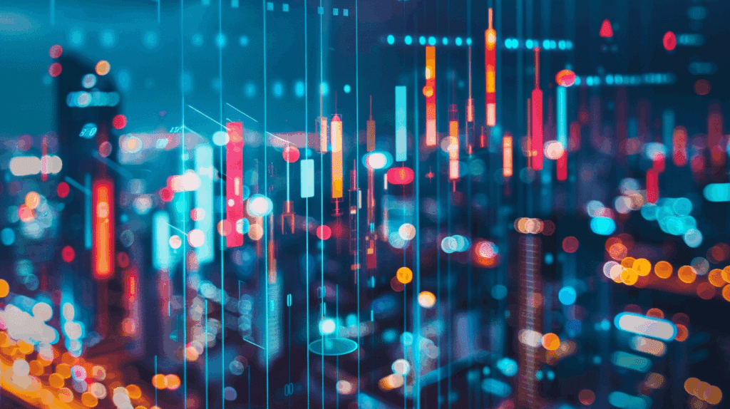 Abstrakte Balkendiagramme vor Bankenskyline als Titelbild zum Artikel: europäische Asset Management in 2025