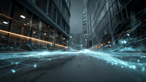 Datenstrom zieht durch ein dunkles Geschäftsviertel als Sinnbild für BRUBEG – Erleichterung oder nur Regulierung im neuen Gewand?