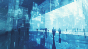 Bankmitarbeitende in einer großen transparenten Halle als Sinnbild für das Entgelttransparenzgesetz: Von der Gleichstellungsfrage zum Steuerungs- und GuV-Risiko