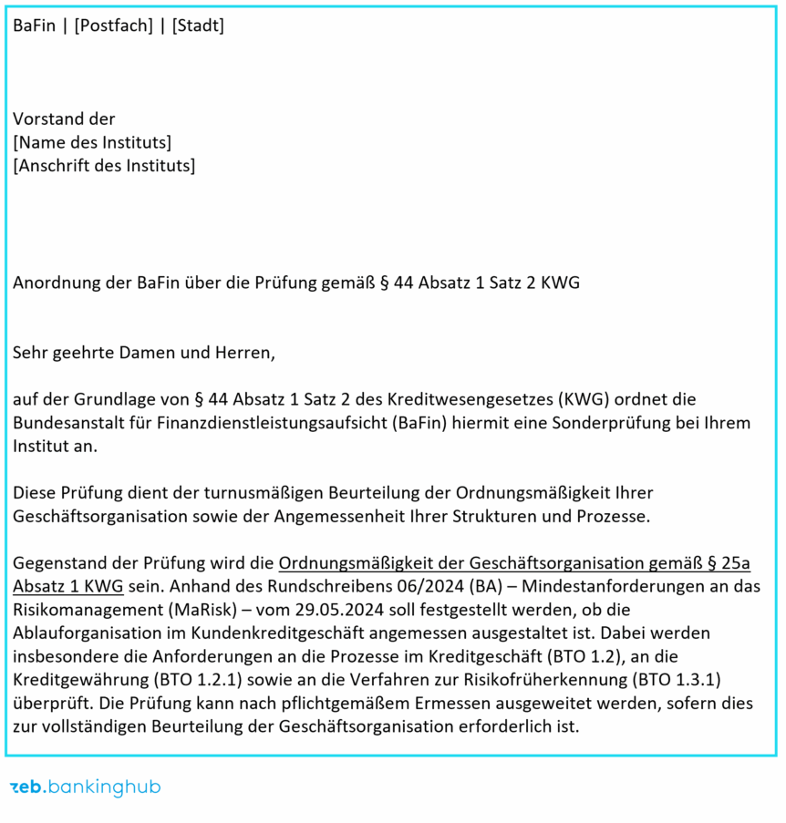 Beispielhafte Sonderprüfungsanordnung der BaFin