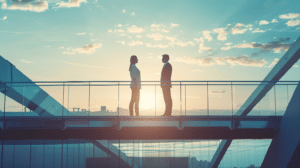 Frau und Mann auf Brücke als Sinnbild für warum sich die Zukunft von Regionalbanken auf der mittleren Führungsebene entscheidet