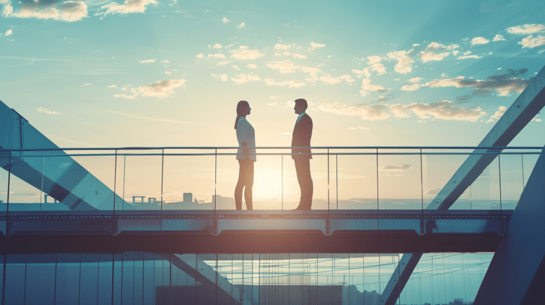 Frau und Mann auf Brücke als Sinnbild für warum sich die Zukunft von Regionalbanken auf der mittleren Führungsebene entscheidet