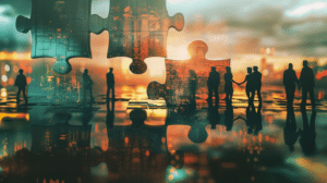 Puzzleteile mit Personen im Hintergrund als Sinnbild für: Warum ist die Unternehmenskultur der entscheidende Hebel für eine erfolgreiche Fusion?