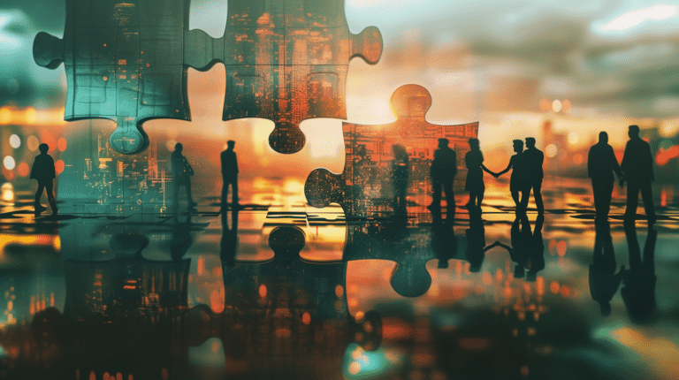 Puzzleteile mit Personen im Hintergrund als Sinnbild für: Warum ist die Unternehmenskultur der entscheidende Hebel für eine erfolgreiche Fusion?